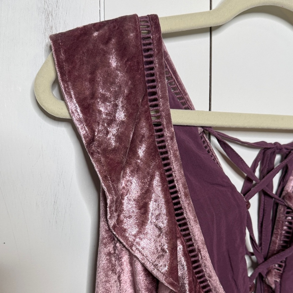 Free People Lilian Velvet Lace Up Back Ruffle Crop Top Lavender - Picture 3 of 7